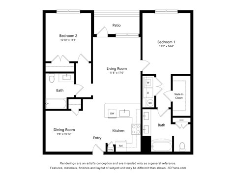 Floor plan for 2 beds, 2 baths, 1125 sqft